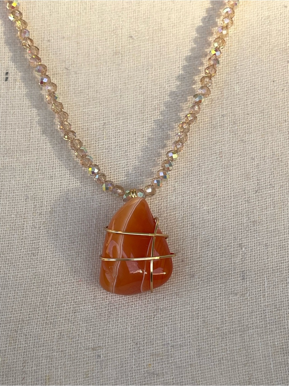 Orange Carnelian Gold Tone Wire Wrapped Necklace Champagne Glass Beads - Picture 3 of 4